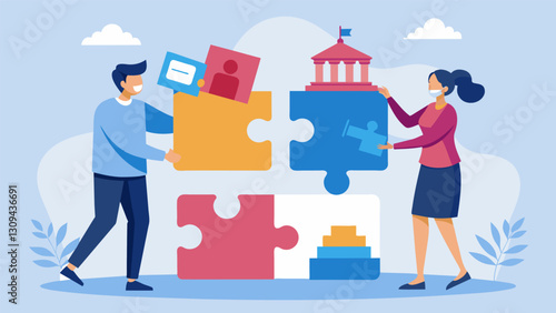 An illustration of a student trying to put together a puzzle labeled Student Debt Relief while a government official holds a piece labeled Complicated. Vector illustration