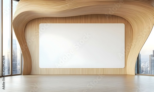 Modern interior design with wooden wall and blank display area