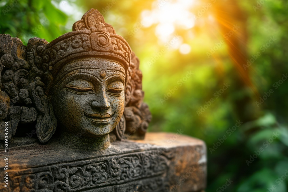 Serene Stone Buddha Sculpture Surrounded by Lush Greenery and Warm Sunlight in Nature Serene Stone Buddha Sculpture Surrounded by Lush Greenery and Warm Sunlight in Nature