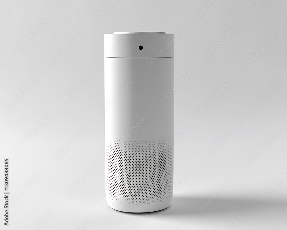 A white cylindrical device rests against a neutral background setting A white cylindrical device rests against a neutral background setting