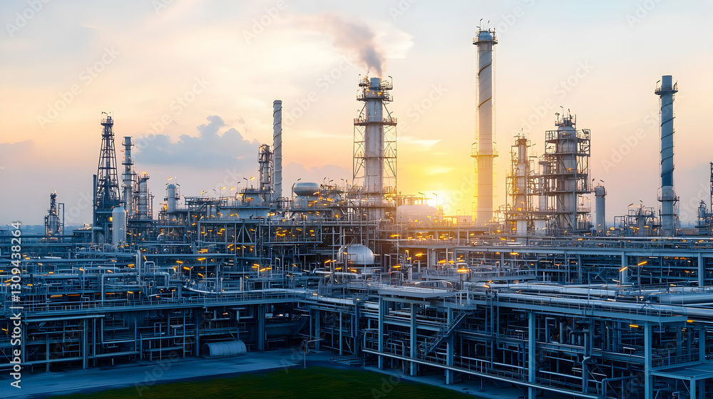 Fototapeta premium Industrial Complex At Sunset With Metallic Structures Smoke And Warm Light