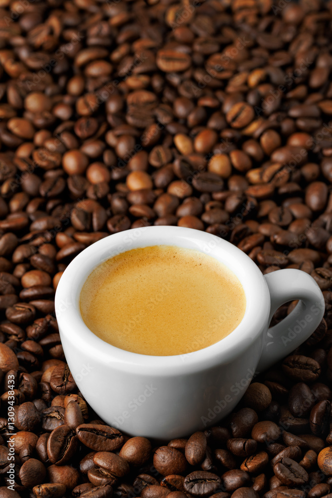 Small white espresso cup, nestled among bed of roasted coffee beans, creating cozy and inviting atmosphere perfect for enthusiasts Small white espresso cup, nestled among bed of roasted coffee beans, creating cozy and inviting atmosphere perfect for enthusiasts