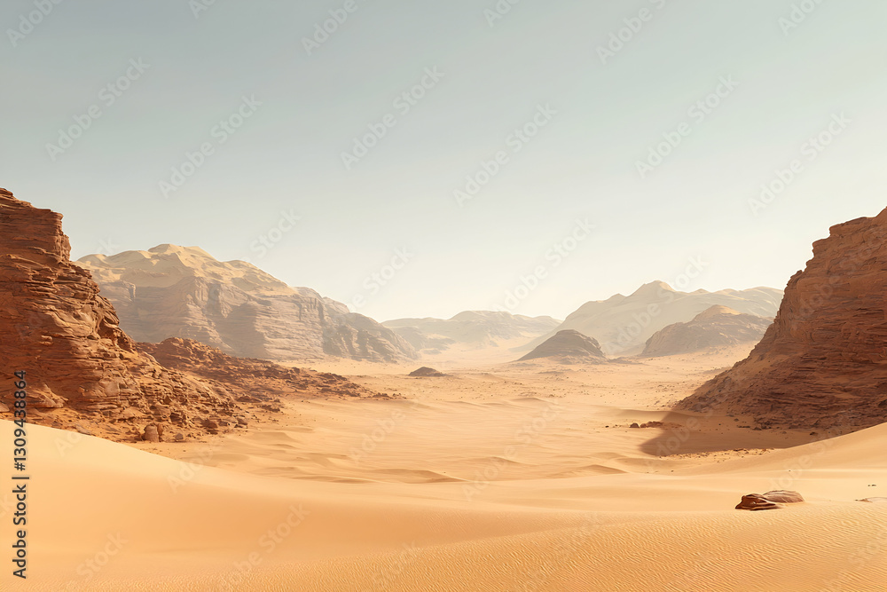 Naklejka premium Scenic desert landscape with dramatic sand dunes under a clear sky.
