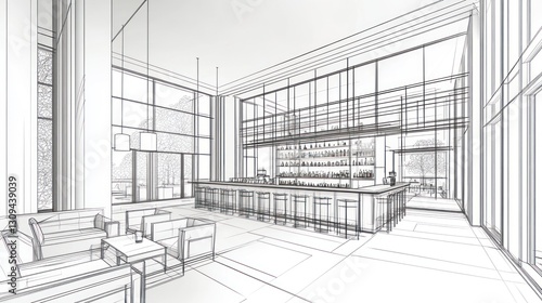 Architectural drawing of a modern bar, interior design, sketch of a lounge, potential use in design portfolios, or commercial projects