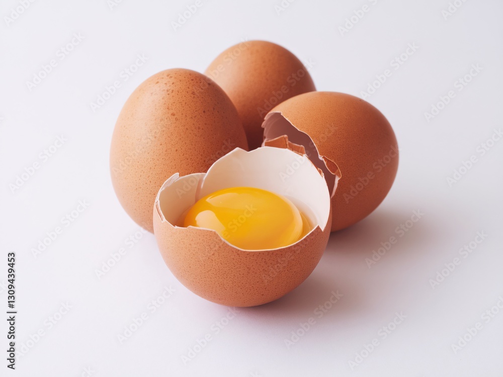Three brown eggs, one cracked open to reveal a bright yellow yolk, set against a simple white background. Three brown eggs, one cracked open to reveal a bright yellow yolk, set against a simple white background.