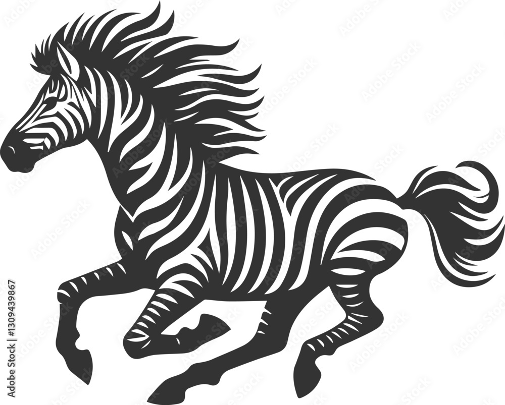Fototapeta premium Zebra galloping at full speed, mane flowing animal silhouette