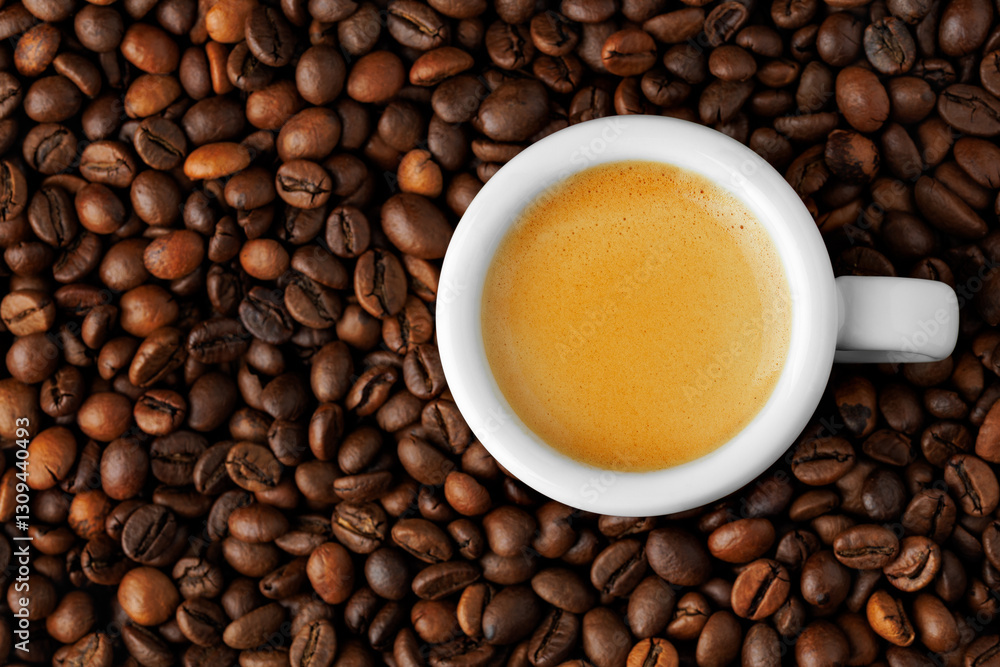 Top view of small espresso cup stands on roasted beans, highlighting rich crema and creating perfect background for coffee lovers Top view of small espresso cup stands on roasted beans, highlighting rich crema and creating perfect background for coffee lovers