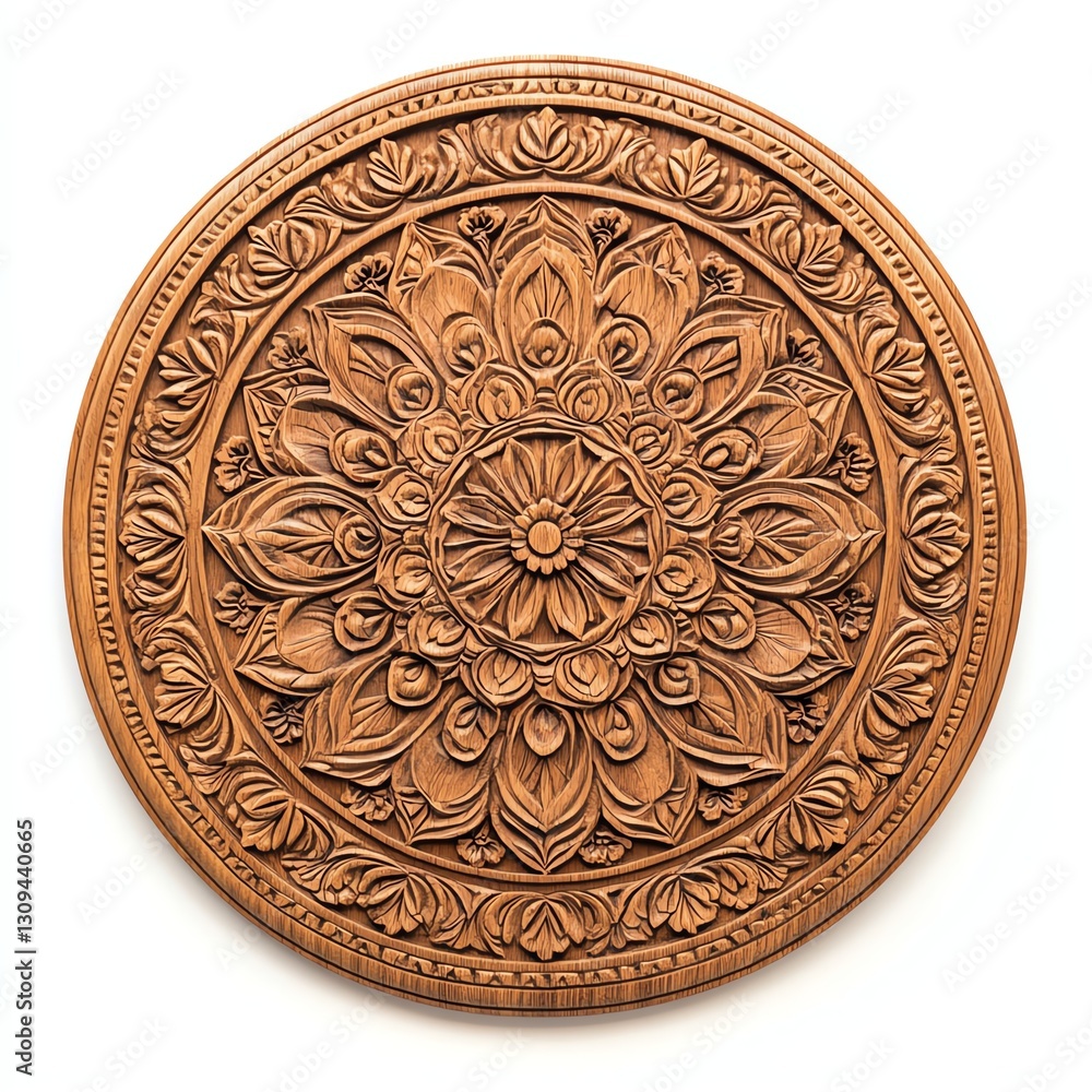 Ornate wooden carving with intricate floral design on a circular base. Ornate wooden carving with intricate floral design on a circular base.