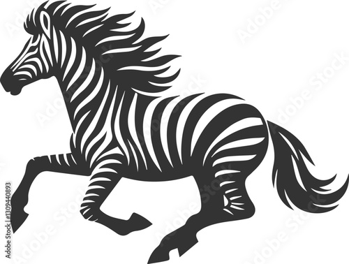 Zebra galloping at full speed, mane flowing animal silhouette