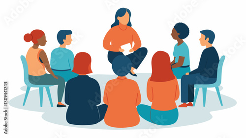 In the second sketch a person is seen sitting in a support group meeting surrounded by others who understand their struggles representing the first. Vector illustration