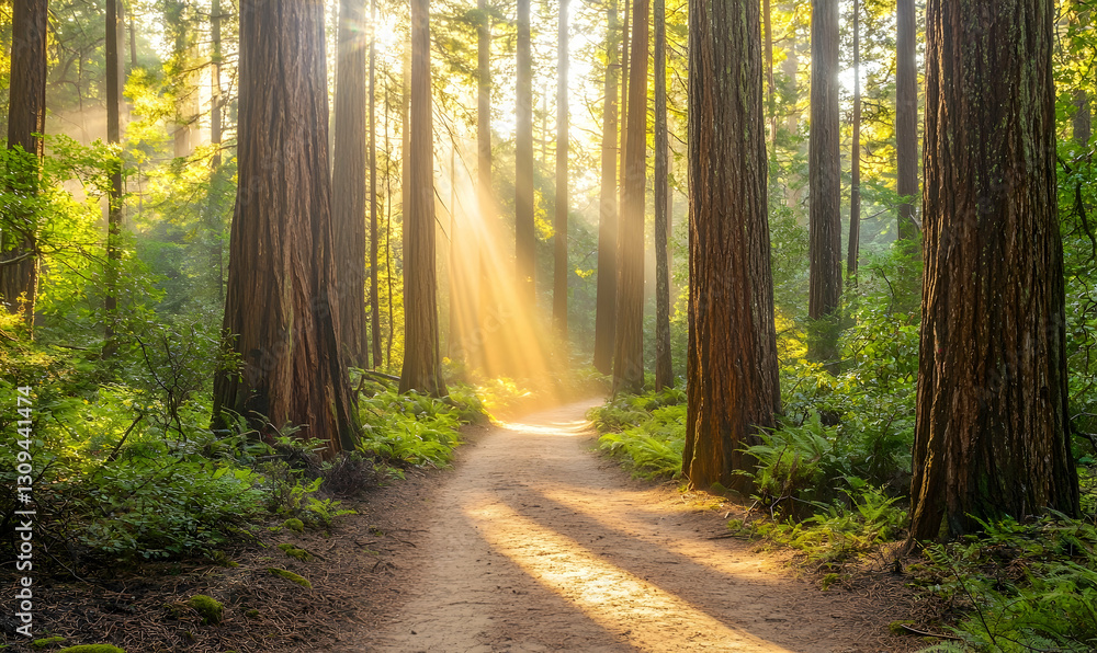 Fototapeta premium Forest trail leads through tall trees with sunlight filtering through.