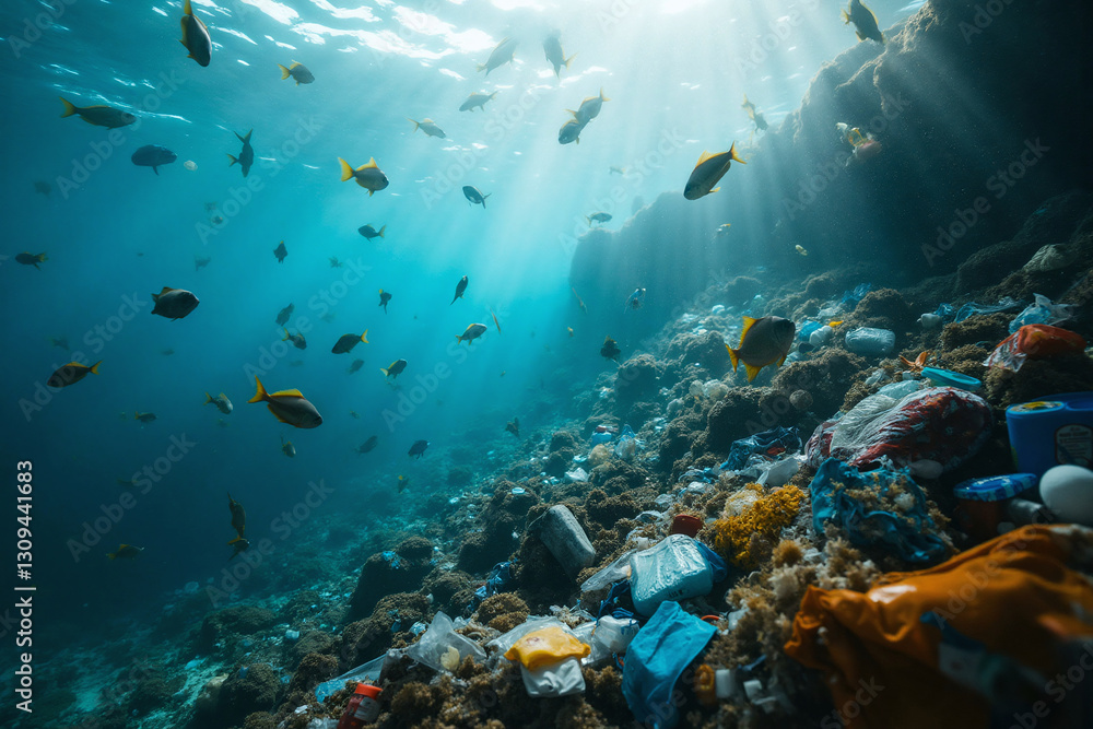 Fototapeta premium Discarded plastic bags, trash, garbage litter the underwater ocean bed, ruining coral reefs, threatening marine life, causing environmental pollution as threat of microplastics raises health concerns.
