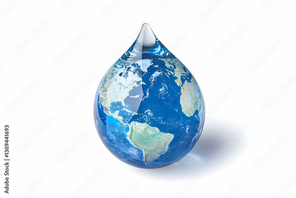 Obraz premium Earth globe depicted as a water droplet, isolated against a white backdrop.