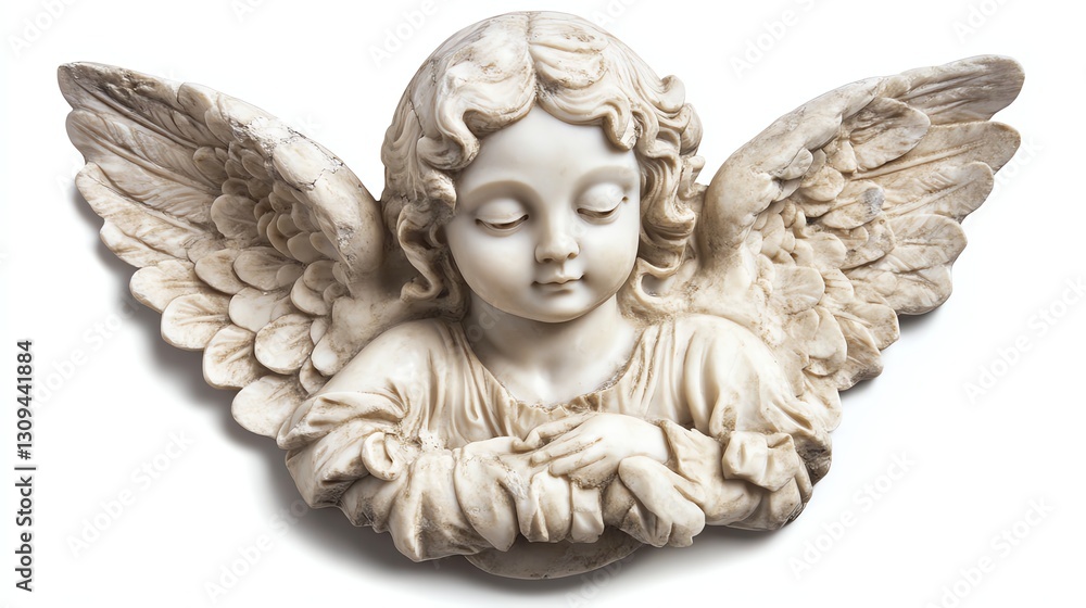 Sculpted angel figure with wings, peaceful expression, detailed design, white isolated background. Sculpted angel figure with wings, peaceful expression, detailed design, white isolated background.