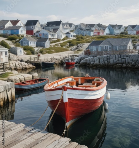 Wooden boat docked in a picturesque harbour at Peggy's Cove, Nova Scotia, wooden boat, nova scotia photo