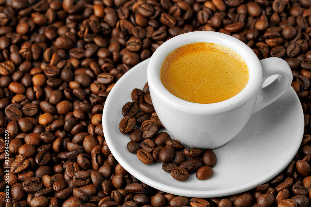 Fototapeta premium Small white espresso cup overflowing with rich coffee, resting on scattered roasted beans, evoking warm morning brewing ambiance