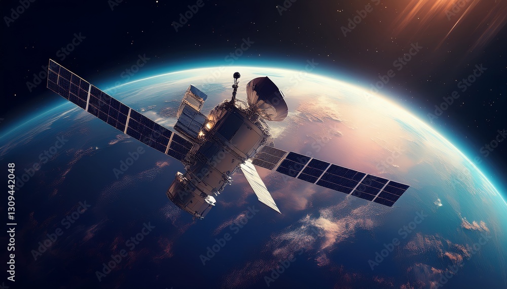Geostationary orbit satellite above the Earth, 3D render Geostationary orbit satellite above the Earth, 3D render