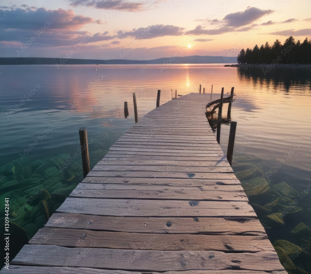 Fototapeta premium Wooden jetty leading into crystal clear Torch Lake, peaceful, vacation