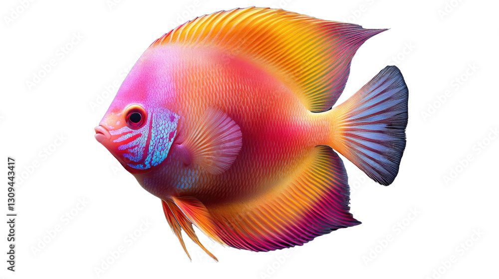 A bright orange fish with red markings swims in a white background A bright orange fish with red markings swims in a white background