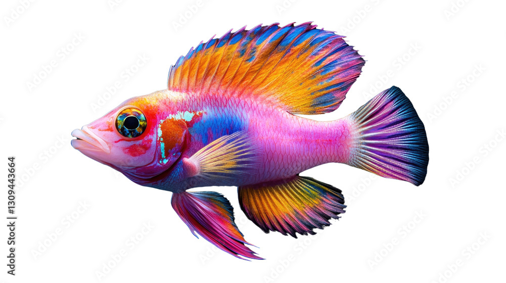 A colorful fish with a pink body and yellow fins swims in a tank A colorful fish with a pink body and yellow fins swims in a tank