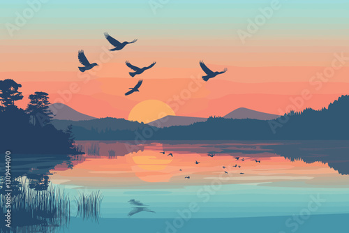 Silhouettes of birds flying at dusk over a lake, Flat style cartoon vector illustration. Beautiful Landscape Sunset with swans vector  illustration