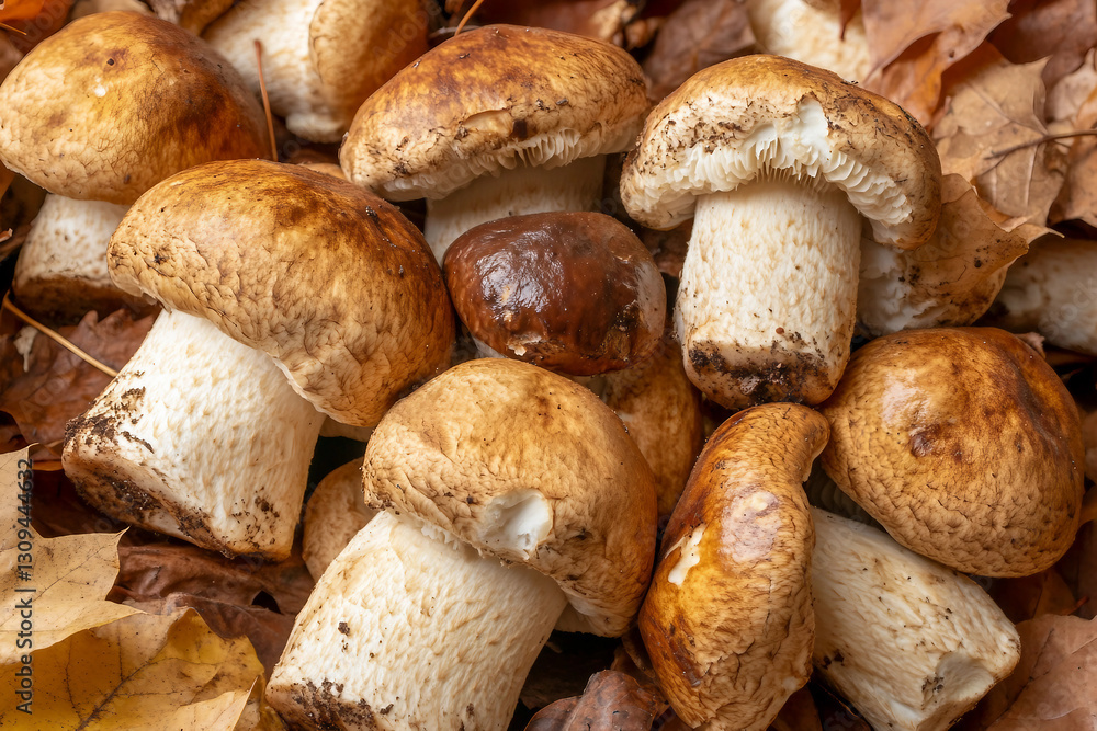 Close-Up of Fresh Organic Porcini Mushrooms on Autumn Leaves Created with Generative AI Close-Up of Fresh Organic Porcini Mushrooms on Autumn Leaves Created with Generative AI