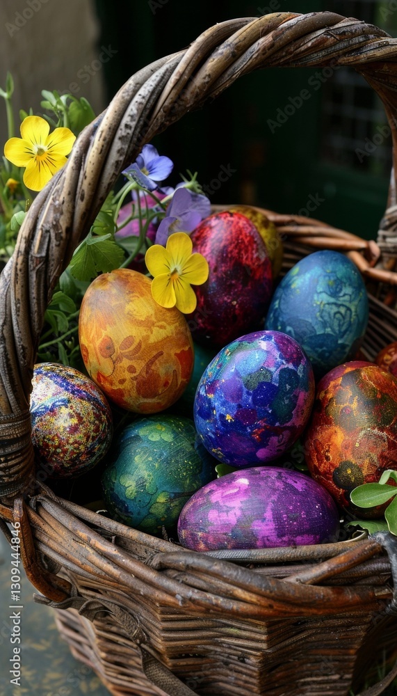 A vibrant basket overflowing with colorful eggs surrounded by beautiful spring flowers A vibrant basket overflowing with colorful eggs surrounded by beautiful spring flowers