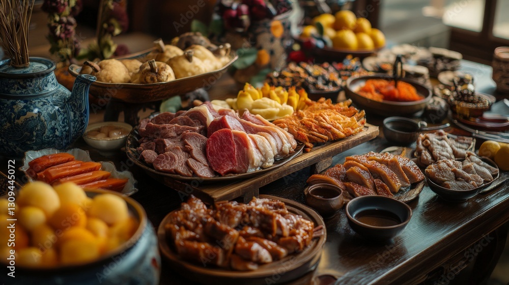 Obraz premium Traditional asian feast with diverse dishes and ingredients on wooden table