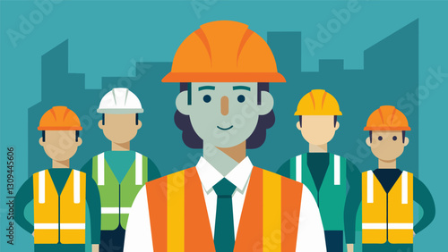 With a hard hat on his head and a safety vest around his shoulders the foreman closely monitors each workers use of protective gear.. Vector illustration