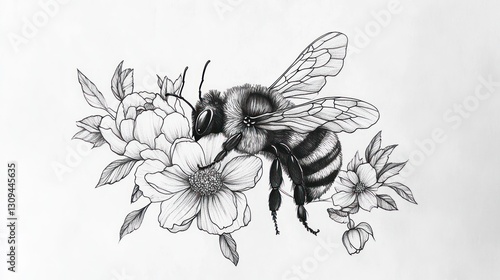 Detailed bee illustration with flowers