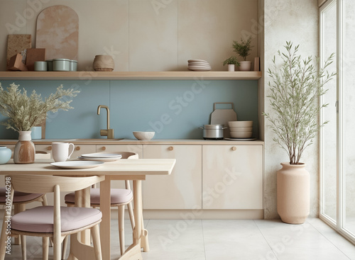 bright and airy kitchen with a wooden dining table and pastel blue wall