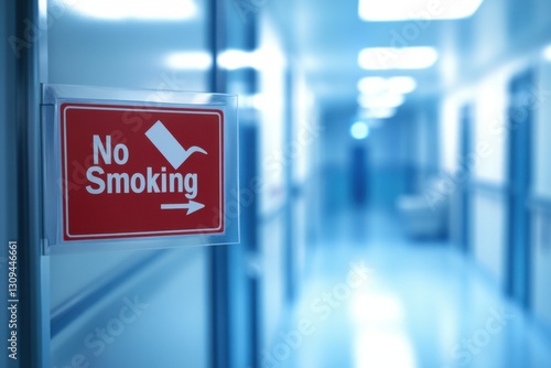 No Smoking Sign in a Modern Hospital Corridor with Blurred Background