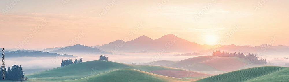 Fototapeta premium serene countryside panorama at golden hour, showcasing rolling hills, misty valleys, and distant mountains under soft sunrise glow