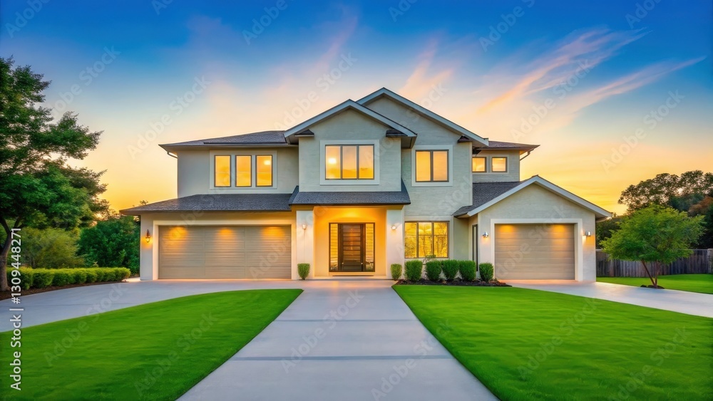 a luxurious modern house at sunset, with manicured lawns and a driveway leading to the entrance. The house has a garage and windows a luxurious modern house at sunset, with manicured lawns and a driveway leading to the entrance. The house has a garage and windows