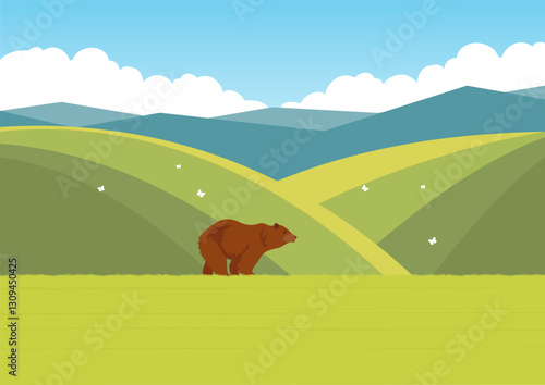 Aesthetic summer field and grizzly bear. Wildlife animals in nature. Grizzly bear walking in the spring