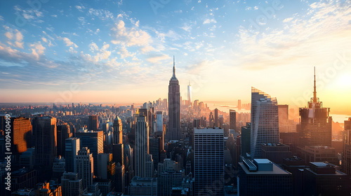 Aerial Cityscape View Of Skyscrapers At Sunset Showing Orange And Blue Sky