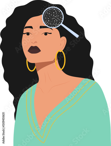 Woman dandruff problem dirty head illustration. Hair scalp problem. Skin disease, dermatology