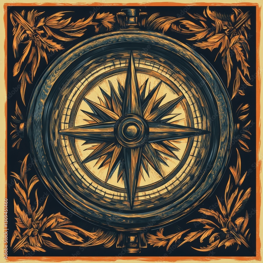 Fototapeta premium Vintage compass design surrounded by ornate floral patterns, evoking exploration and adventure