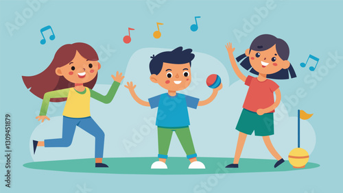 Siblings using their creativity to design and play a game of Musical Fitness where they have to stop at designated spots and do a different exercise. Vector illustration