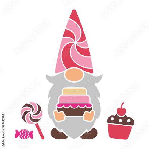 Cute gnome design with cake, candy, lollipop and muffin. Print for sweets lovers. Vector illustration for confectionery invitations, banners, posters, menu. Template for plotter cutting