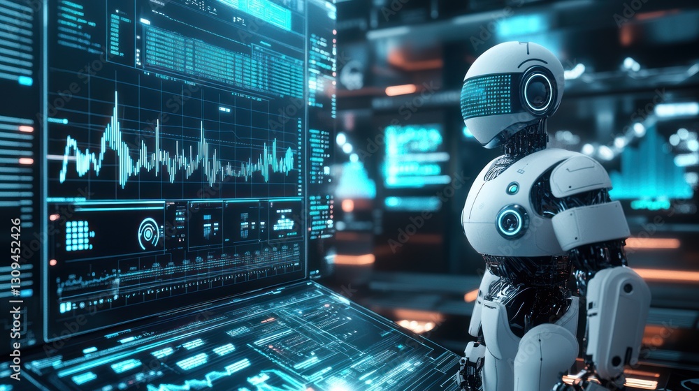 Futuristic AI trading assistant analyzing financial data with advanced technology Futuristic AI trading assistant analyzing financial data with advanced technology