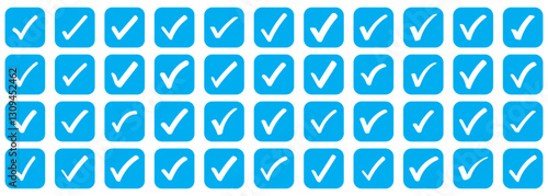 Check mark in box sign. Checkmark Icon Vector Logo template. Check list button icon. Check mark in round sign. Blue check mark icon. Blue tick mark icon vector set. Hand drawn checkmark illustration.