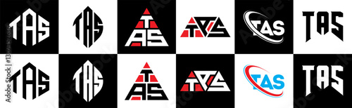 TAS letter logo design in six style. TAS polygon, circle, triangle, hexagon, flat and simple style with black and white color variation letter logo set in one artboard. TAS minimalist and classic logo