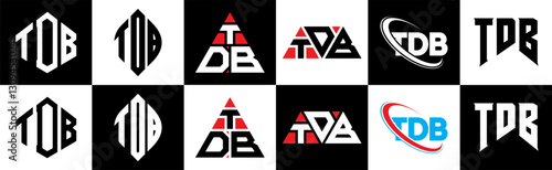 TDB letter logo design in six style. TDB polygon, circle, triangle, hexagon, flat and simple style with black and white color variation letter logo set in one artboard. TDB minimalist and classic logo