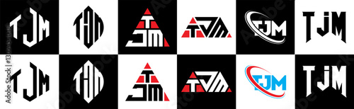 TJM letter logo design in six style. TJM polygon, circle, triangle, hexagon, flat and simple style with black and white color variation letter logo set in one artboard. TJM minimalist and classic logo
