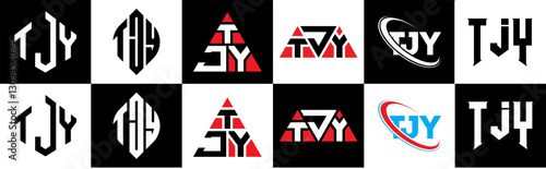 TJY letter logo design in six style. TJY polygon, circle, triangle, hexagon, flat and simple style with black and white color variation letter logo set in one artboard. TJY minimalist and classic logo