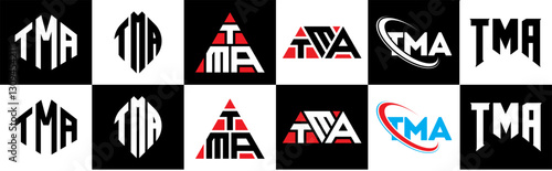 TMA letter logo design in six style. TMA polygon, circle, triangle, hexagon, flat and simple style with black and white color variation letter logo set in one artboard. TMA minimalist and classic logo
