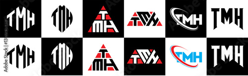 TMH letter logo design in six style. TMH polygon, circle, triangle, hexagon, flat and simple style with black and white color variation letter logo set in one artboard. TMH minimalist and classic logo