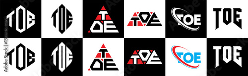 TOD letter logo design in six style. TOD polygon, circle, triangle, hexagon, flat and simple style with black and white color variation letter logo set in one artboard. TOD minimalist and classic logo