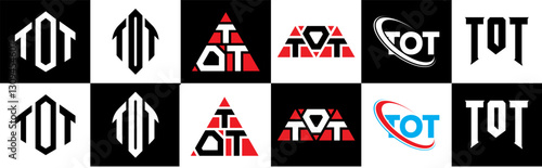 TOT letter logo design in six style. TOT polygon, circle, triangle, hexagon, flat and simple style with black and white color variation letter logo set in one artboard. TOT minimalist and classic logo